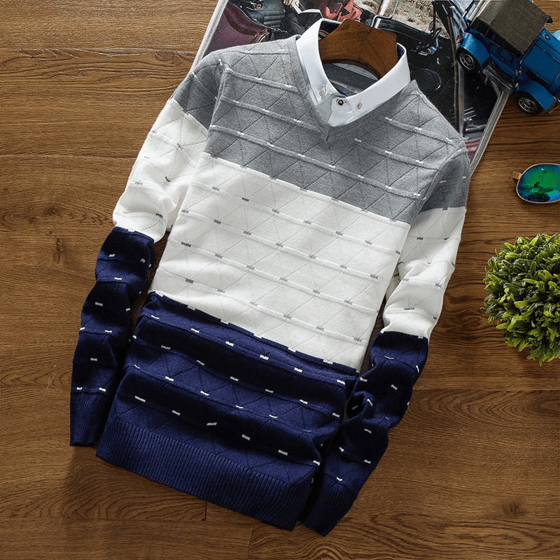 Men'S Knitted Sweater Fake Two-Piece Shirt Collar Sweater Men - MRSLM