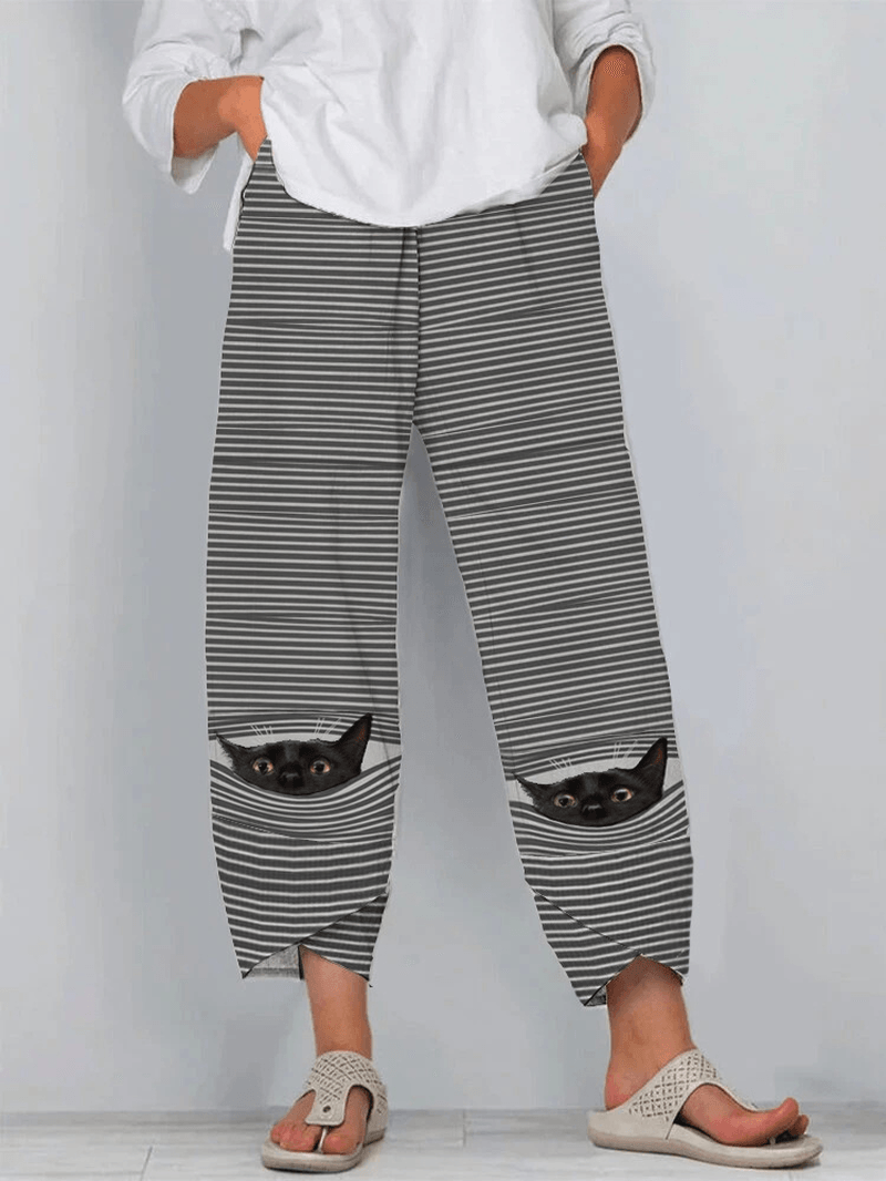 Women Cute Cat Pinstripe Print Casual Elastic Waist Pants with Pocket - MRSLM