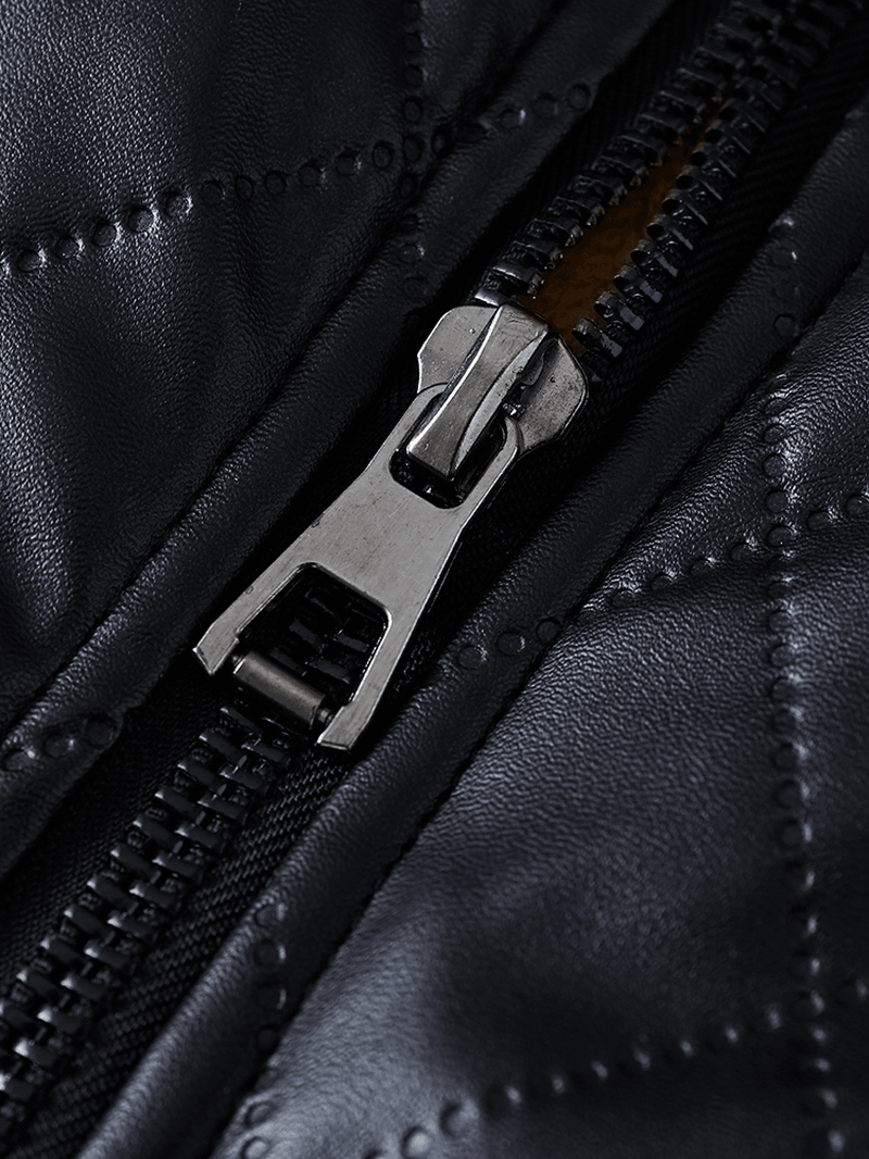 Mens Solid Color Full Zip Velvet Lined PU Leather Jackets - MRSLM