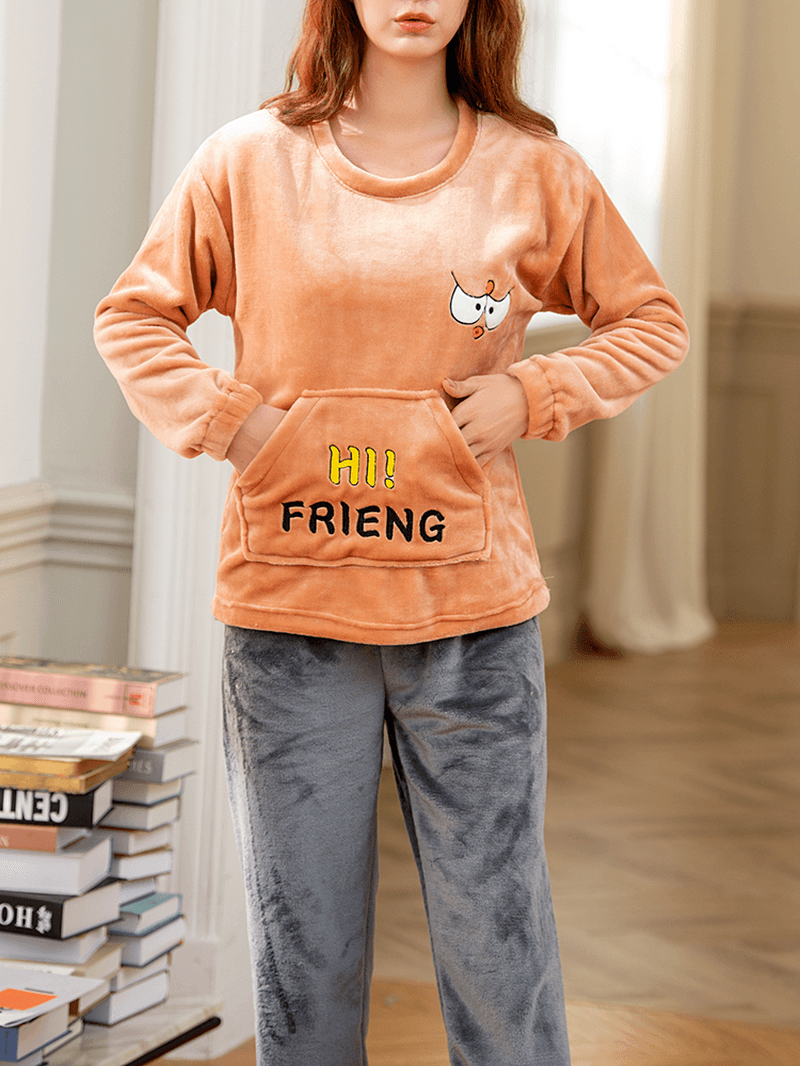 Women Flannel Letter Animal Embroidery round Neck Pullover Warm Cozy Elastic Cuff Pajamas Set - MRSLM