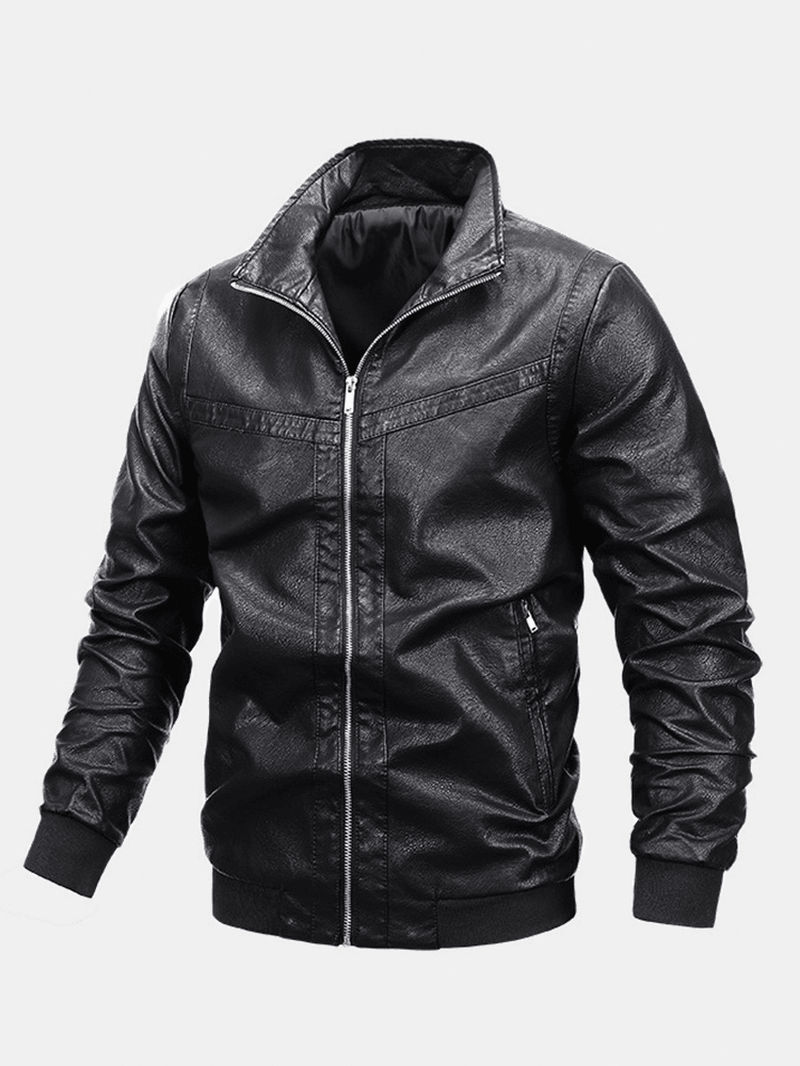Mens Basic Zipper Stand Collar Casual Relaxed Fit PU Leather Biker Jacket - MRSLM