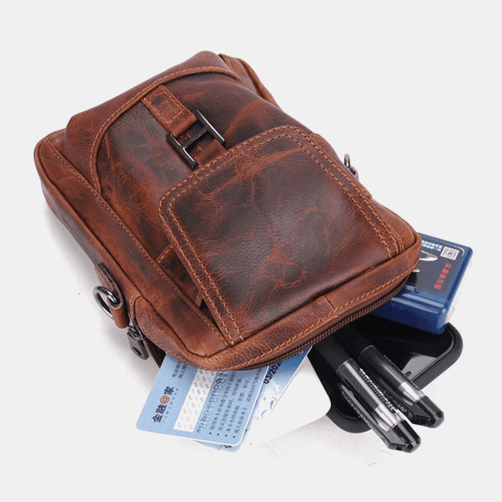 Men Genuine Leather Multifunction Lightweight Crossbody Bag Multi-Pocket Belt Bag Phone Bag - MRSLM