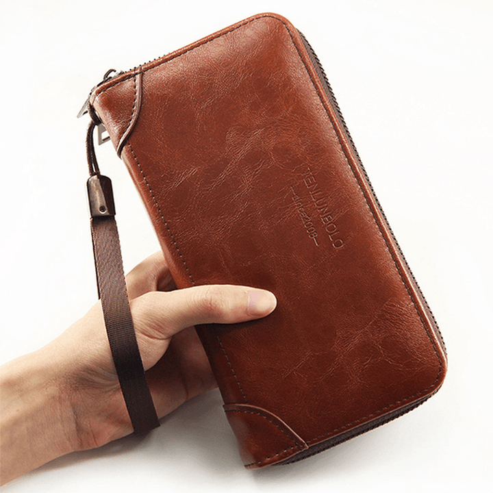 Men Faux Leather Business Double Zipper Long Wallet Clutch Bag - MRSLM