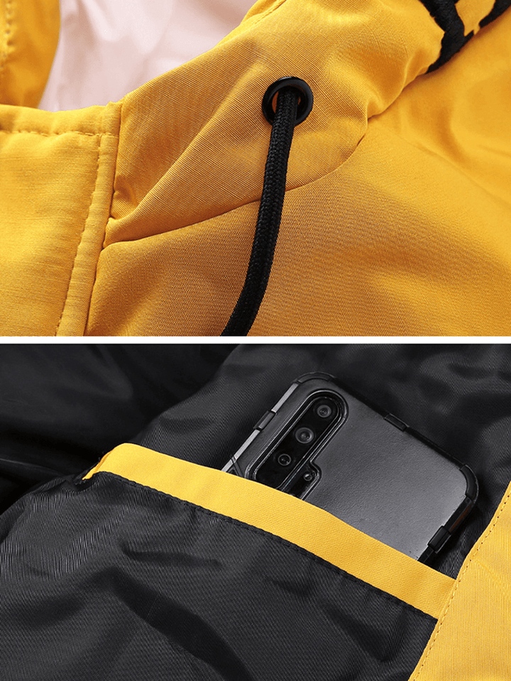 Mens Letter Print Color Block Patchwork Warm Hooded Puffer Jacket with Pocket - MRSLM