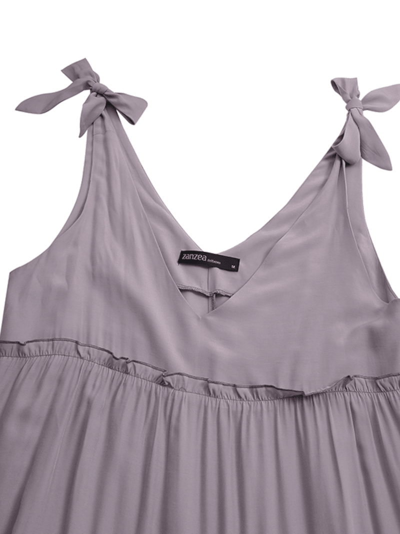 Women Solid Leisure Bowknot Sleeveless V-Neck Layered Elegant Travel Midi Dress - MRSLM