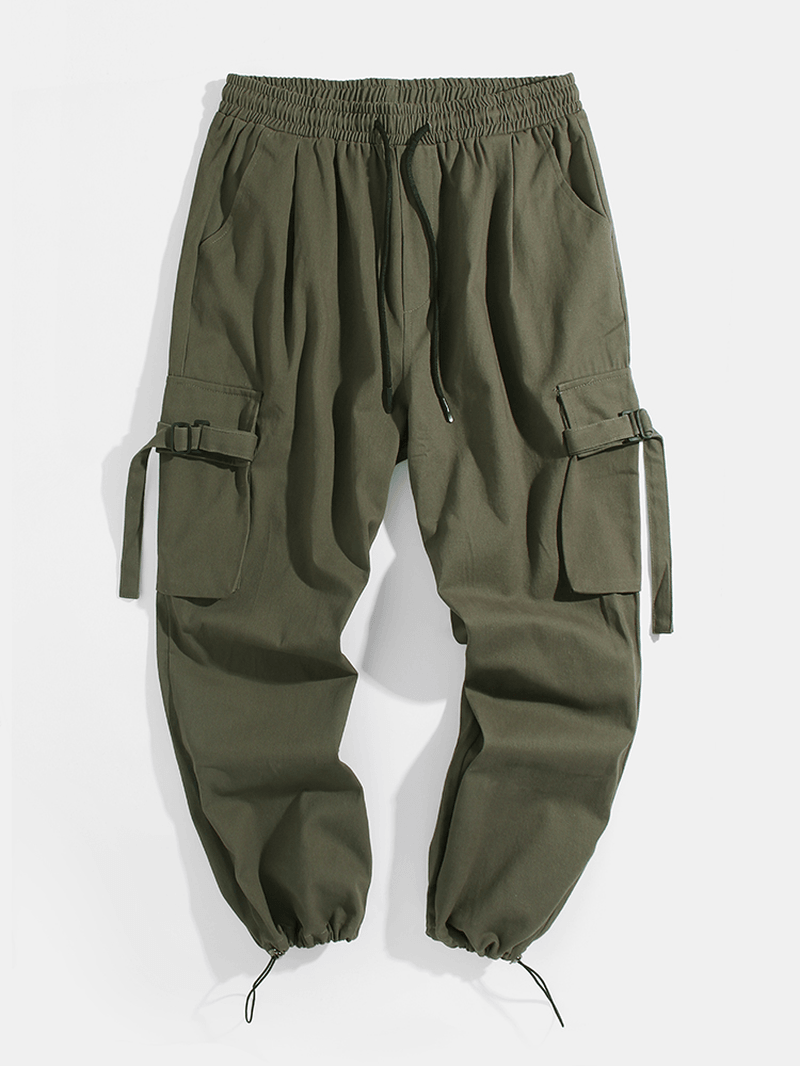 Mens Pocket Drawstring Elastic Waist Solid Color Mid Waist Cargo Pants - MRSLM
