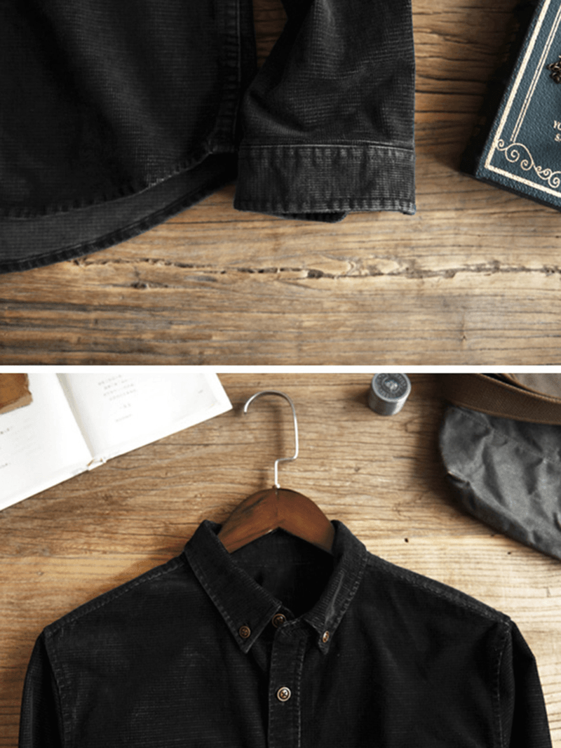 Mens Corduroy Patch Pocket Turndown Collar Long Sleeve Vintage Shirts - MRSLM