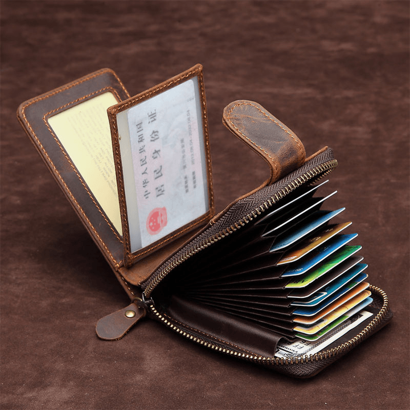 Men RFID Anti-Magnetic 12 Card Slot Card Holder Genuine Leather Zipper Organ Wallet Driver License Card Case - MRSLM