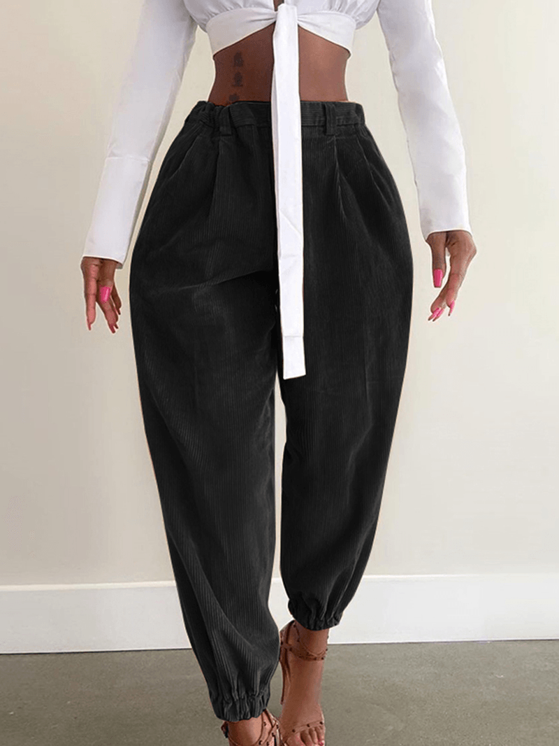 Women Corduroy Loose Solid Color Side Pockets Zipper Buttons Maxi Length Pants - MRSLM