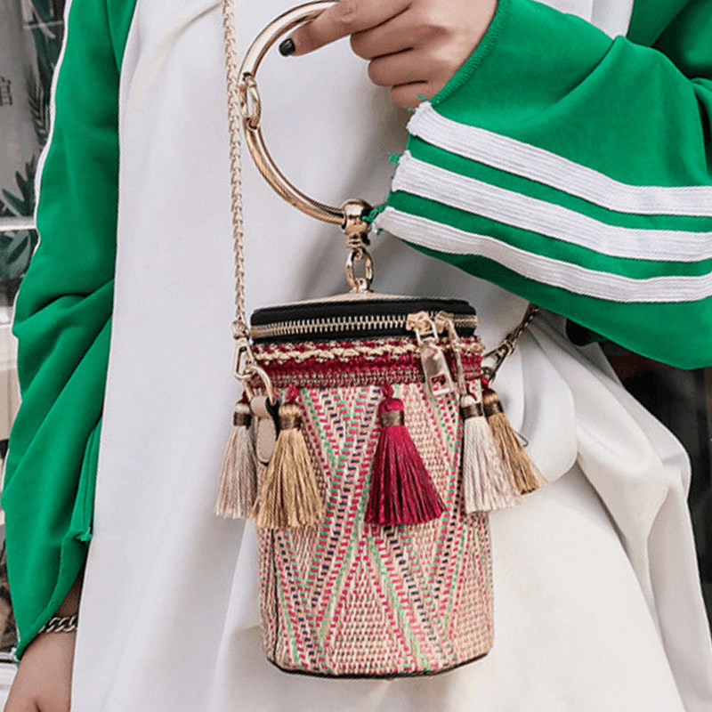 Women Summer Tassel Chains Straw Handbag Crossbody Bag Shoulder Bag - MRSLM