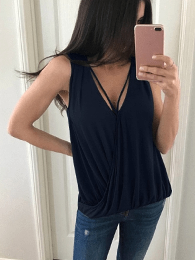 Solid Color V-Neck Sleeveless Pleated Casual Tank Tops - MRSLM