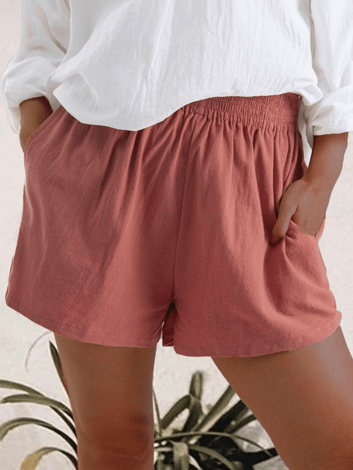Women Casual Solid Color Elastic Waist Pocket Shorts - MRSLM