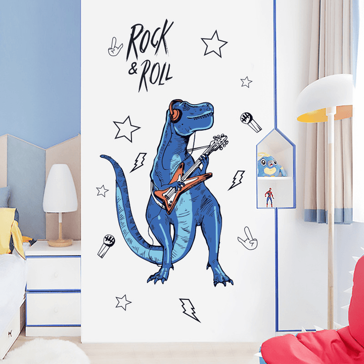 SK9361 Rock Roll Dinosaur Wall Sticker for Kids Room Cartoon Animals Home Decor Art Viny PVC Wallpaper Creative Door Fridge Decoration - MRSLM