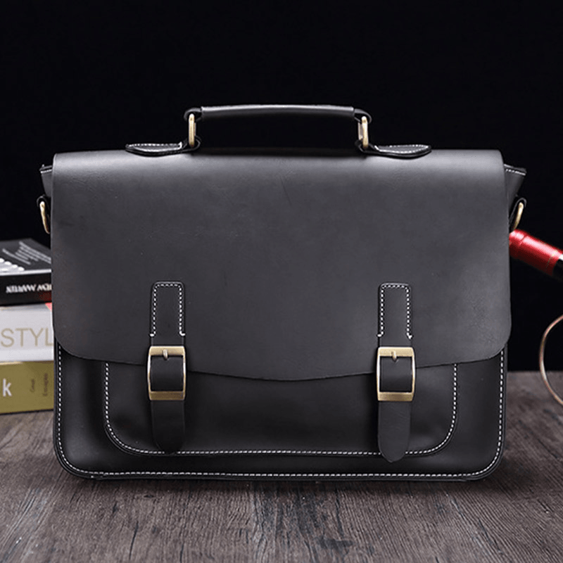 Men Vintage Waterproof Wear-Resistant Faux Laether Business Briefcase Crossbody Shoulder Bag - MRSLM
