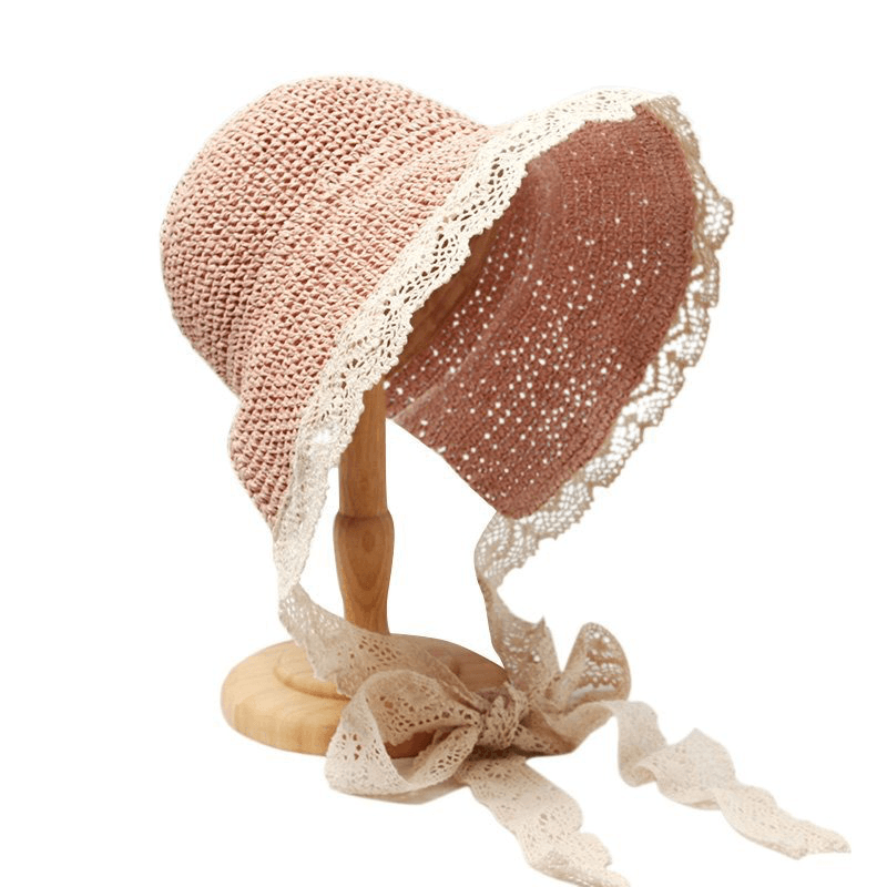Women Lace Brim Foldable Sunscreen Bucket Straw Hat - MRSLM