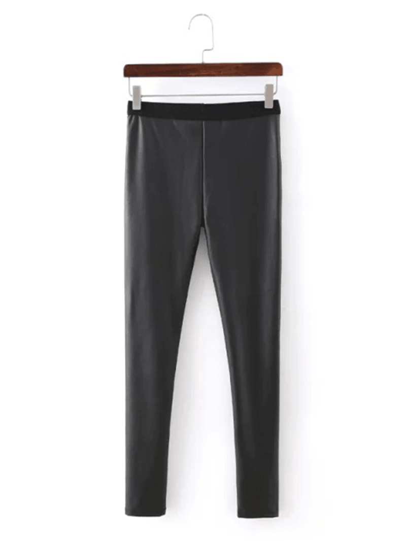 Women Solid Color Leather Bodycon Base Long Casual Leggings - MRSLM