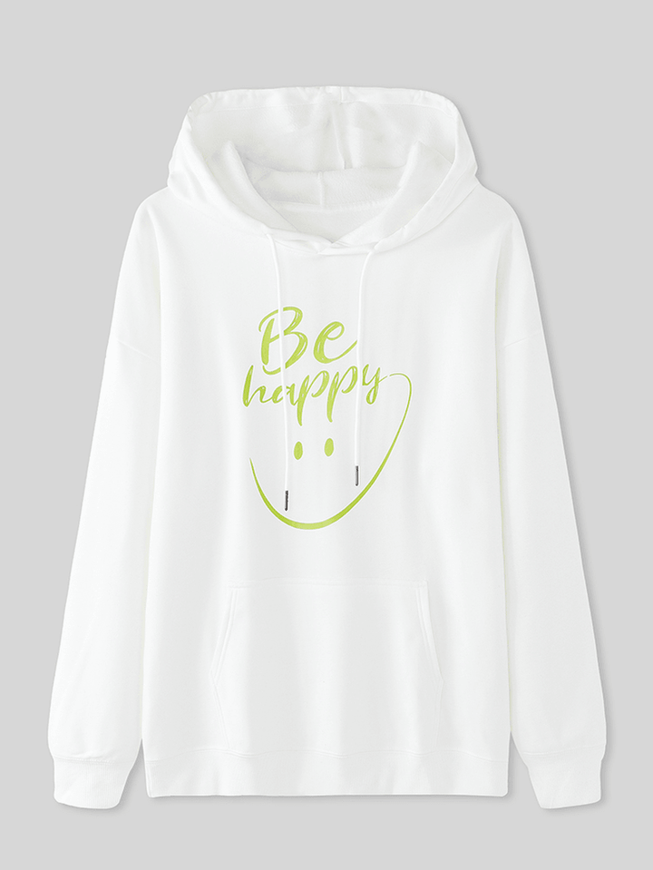 Women Smile Face Letter Print Pouch Pocket Casual Long Sleeve Hoodies - MRSLM