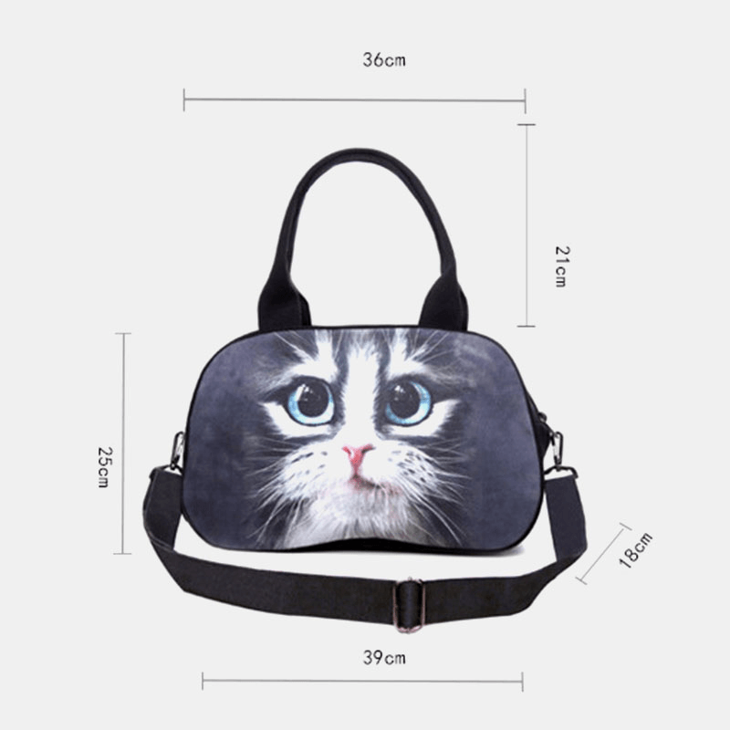 Women Canvas 3D Three-Dimensional Cute Cat Animal-Print Casual Cartoon Handbag Shoulder Bag Satchel Bag - MRSLM