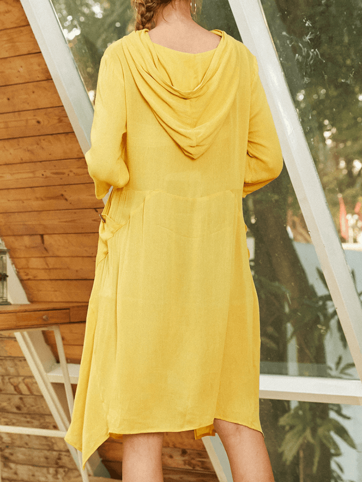 Women Solid Color Irregular Hem Loose Casual Hooded Midi Dress with Pocket - MRSLM
