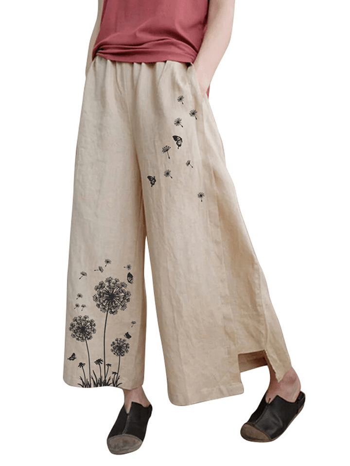 Women Floral Print Elastic Waist Loose Wide Leg Pants with Pocket - MRSLM