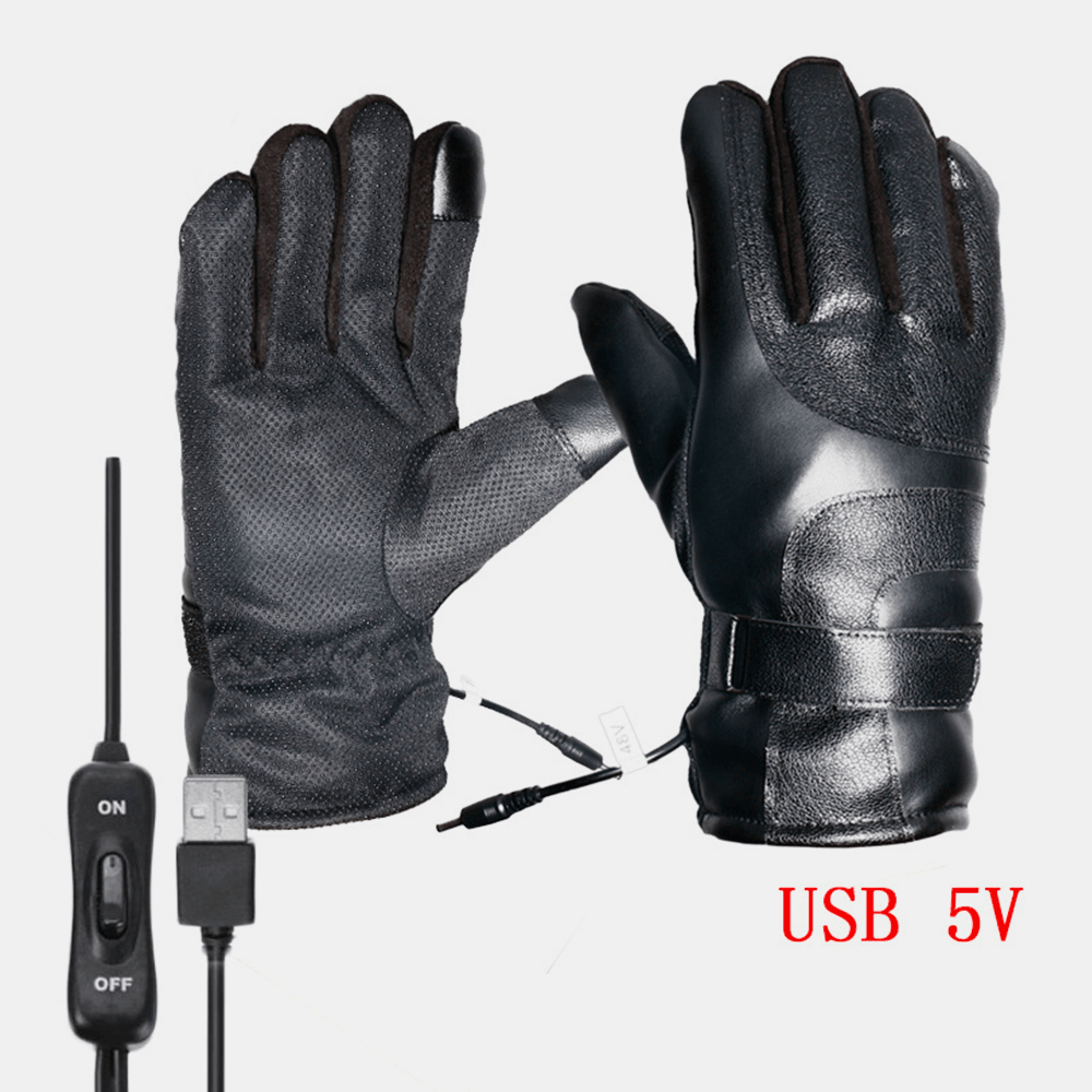 Unisex USB Charging Heating Outdoor Winter Electric Car Riding Keep Warm Waterptoof Windproof Leather Gloves - MRSLM