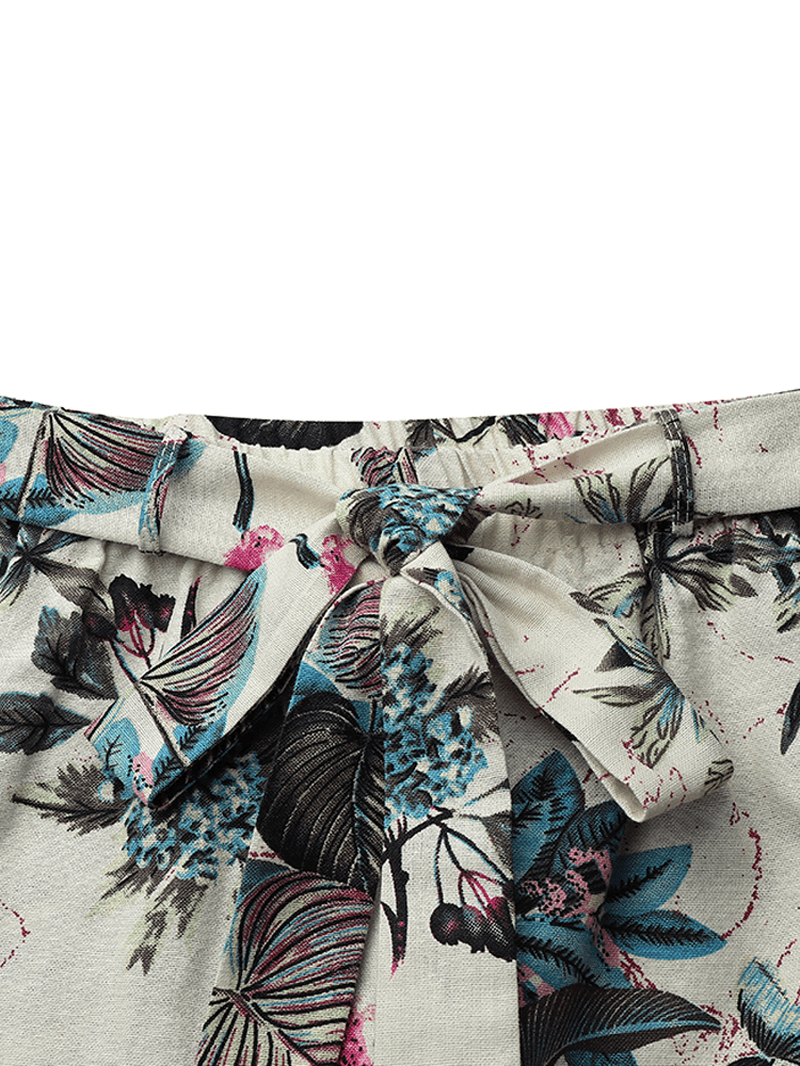 Women High Elastic Waist Floral Print Belted Side Pocket Vintage Pants - MRSLM