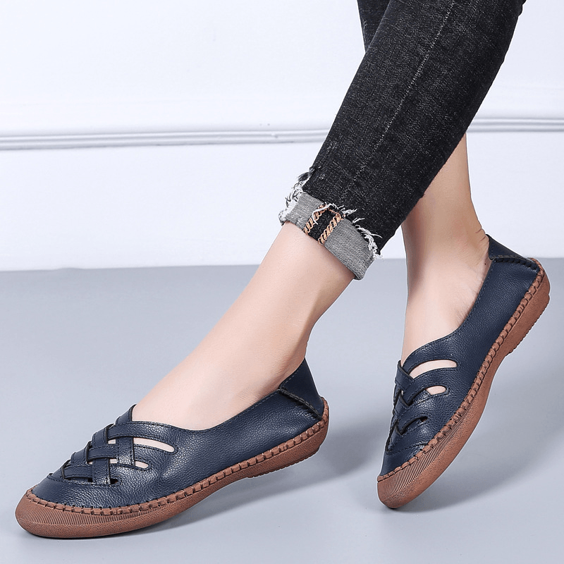 Women Genuine Leather Breathable plus Size Hollow Spring Casual Flats Loafers - MRSLM