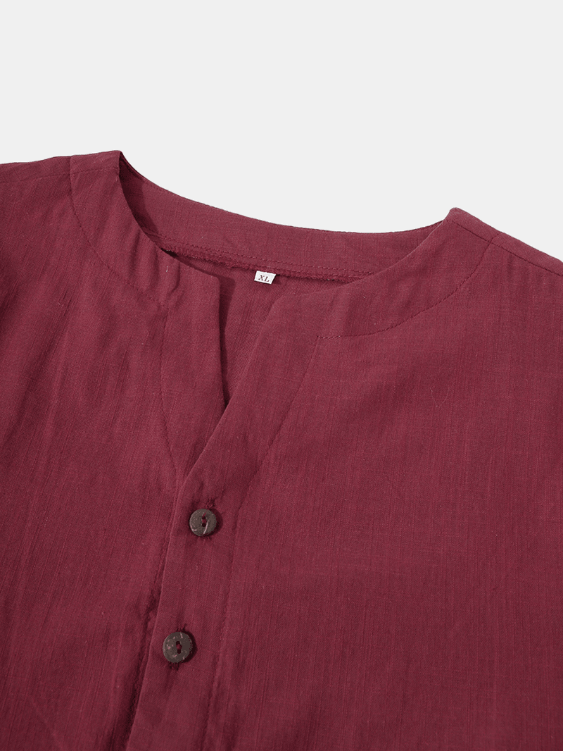 Mens Cotton & Linen Solid Color Long Sleeve Simple Henley Shirts - MRSLM
