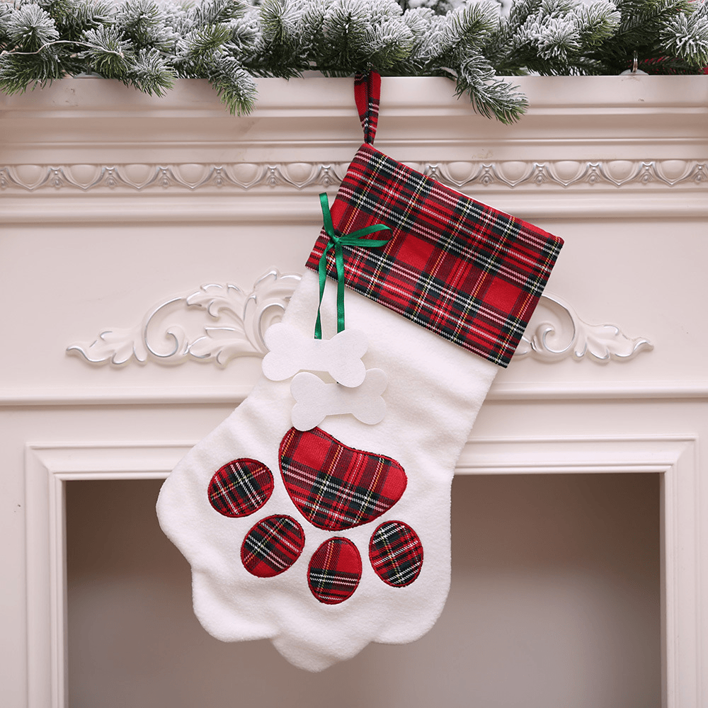 Christmas Socks Red Blue Plaid Dogs Paw Stockings Sacks Hanging New Year Kids Gifts Christmas Party Decorations - MRSLM