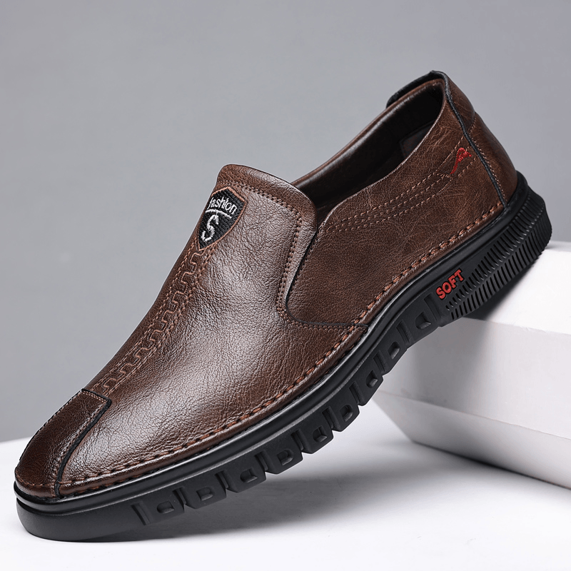 Men Cowhide Breathable Soft Sole Non Slip Comfy Slip on Driving Casual Business Shoes - MRSLM