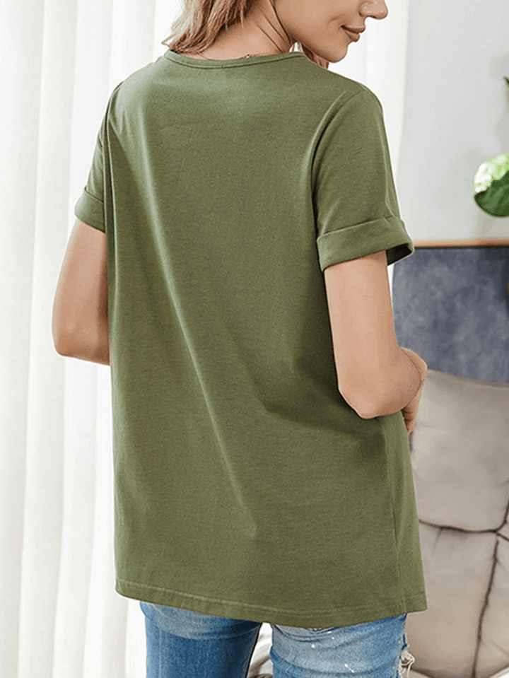 Solid Color O-Neck Button Short Sleeve Casual T-Shirt for Women - MRSLM