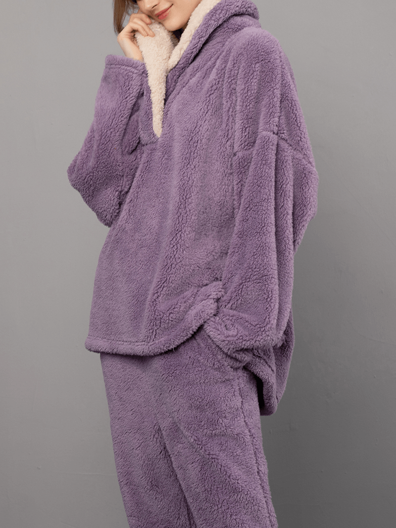 Women Fluffy Plush Thicken Lapel High Low Hem Loungewear Warm Pajamas Set - MRSLM