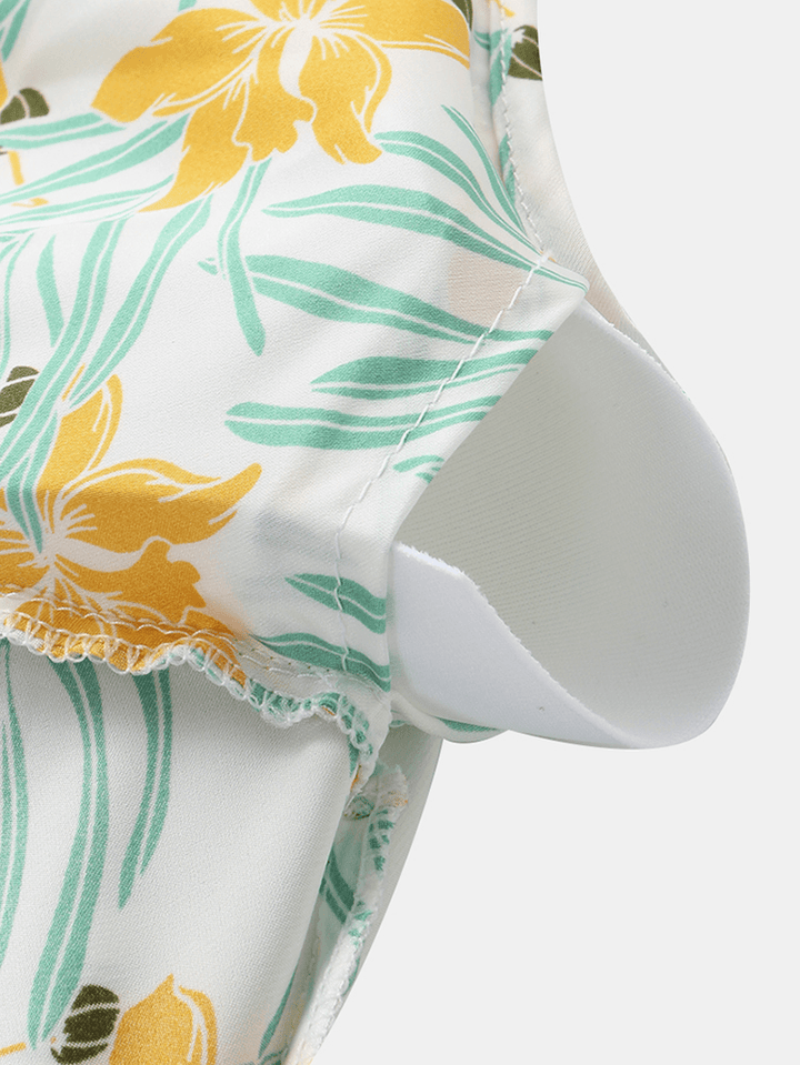 Women Lace Trim V-Neck Floral Print Smooth Home Sleeveless Pajama Set - MRSLM