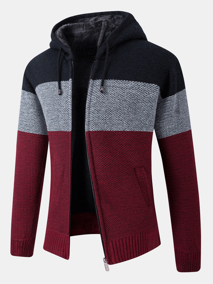 Mens Colorblock Wool Knitting Thick Warm Long Sleeve Hoodie Jacket - MRSLM