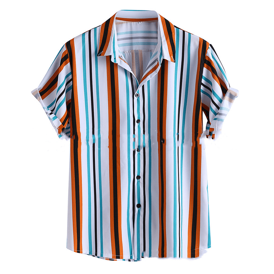 Men'S Lapel Print Striped Short Sleeve Shirt - MRSLM