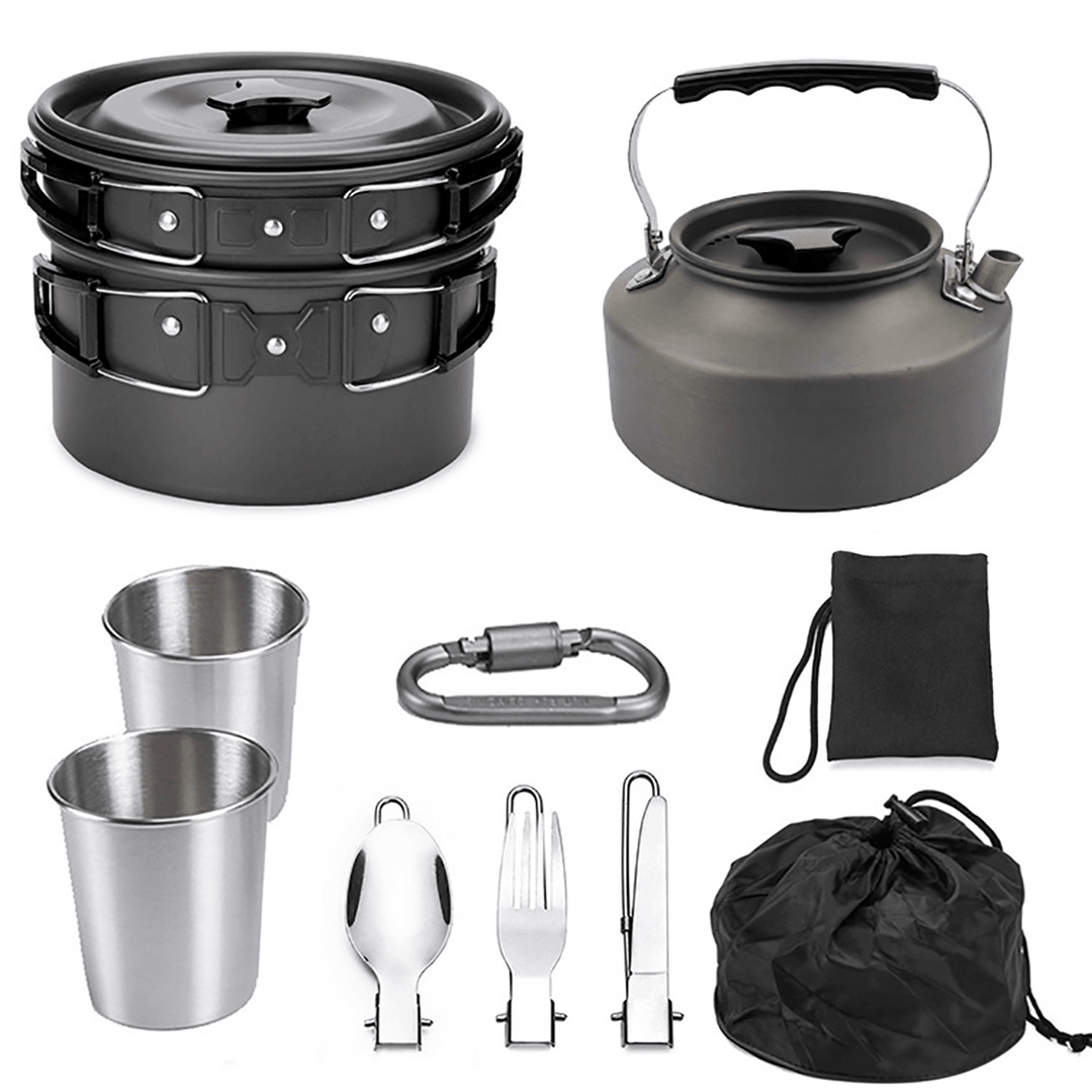 9PCS Ultra-Light Aluminum Alloy Camping Cookware Utensils Outdoor Picnic Cooking Set Tableware + Kettle + Pot + Frying Pan + Cups - MRSLM