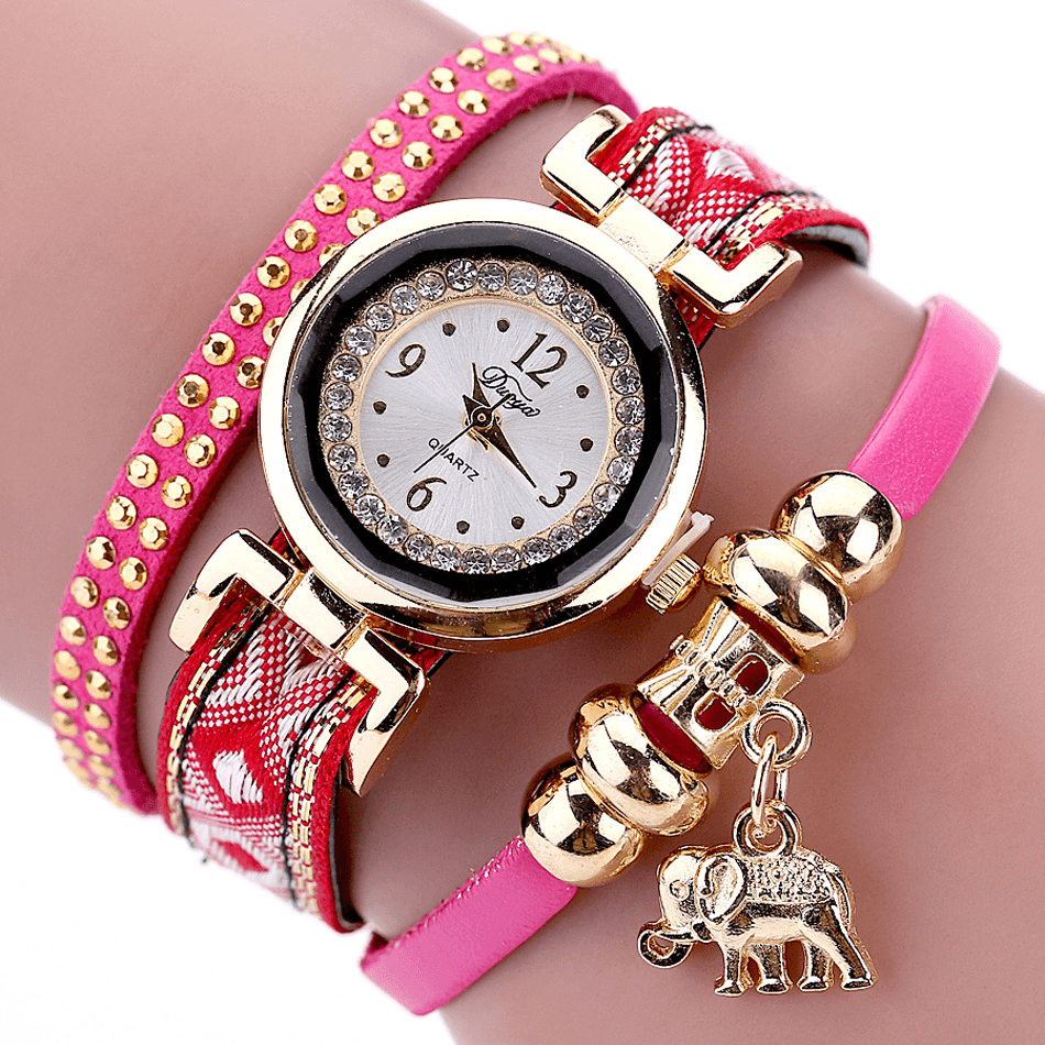 DUOYA XR1889 Fashionable Gold Elephant Ladies Bracelet Watch Leather Strap Quartz Watches - MRSLM