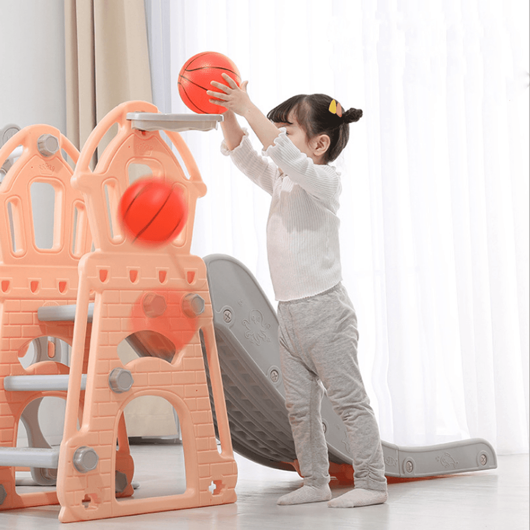 Large Kid Toddler Folding Slide Set 3-IN-1 with Climb Stairs & Basketball Hoop Children Funny Activity Playground for Indoor Outdoor - MRSLM