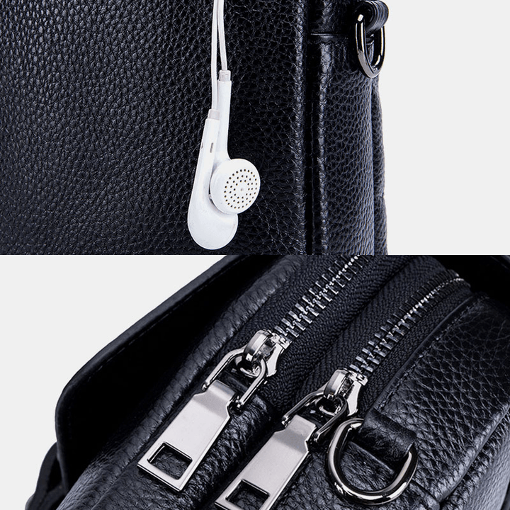 Women Genuine Leather Casual Retro Multi-Layers Earphone Hole 6.5 Inch Phone Bag Crossbody Bag - MRSLM