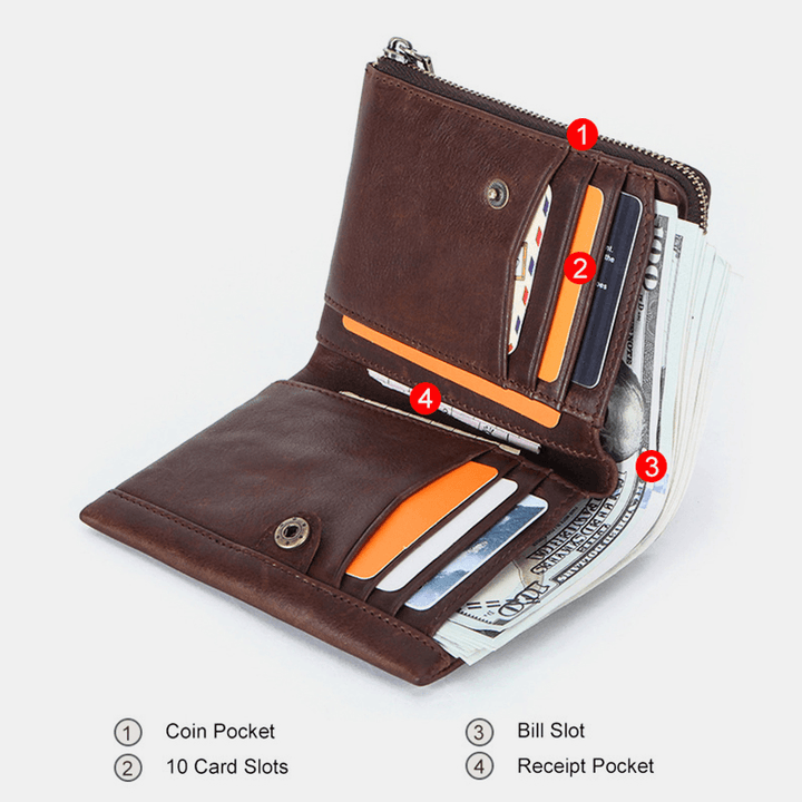 Men Genuine Leather RFID Anti-Theft Retro Business Durable Zipper Multi Card Slots Card Holder Wallet - MRSLM