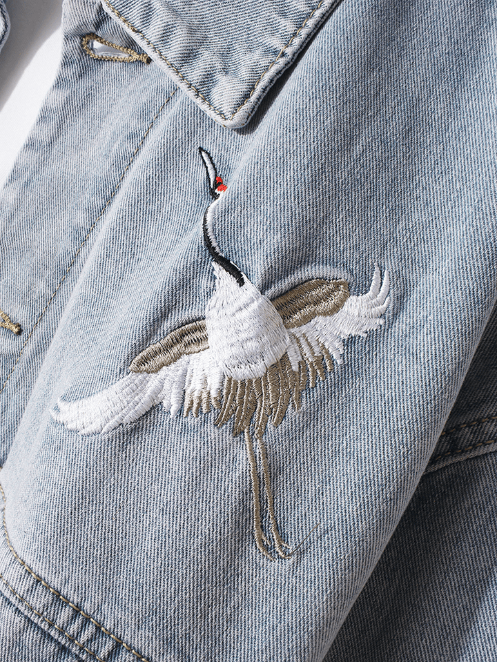Mens Crane Embroidery Faded Effect Cotton Outdoor Stylish Denim Jacket with Pocket - MRSLM