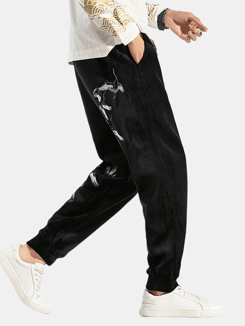 Men'S Casual Chinese Style Fashion Crane Embroidery plus Velvet Thick Warm Loose Pants - MRSLM