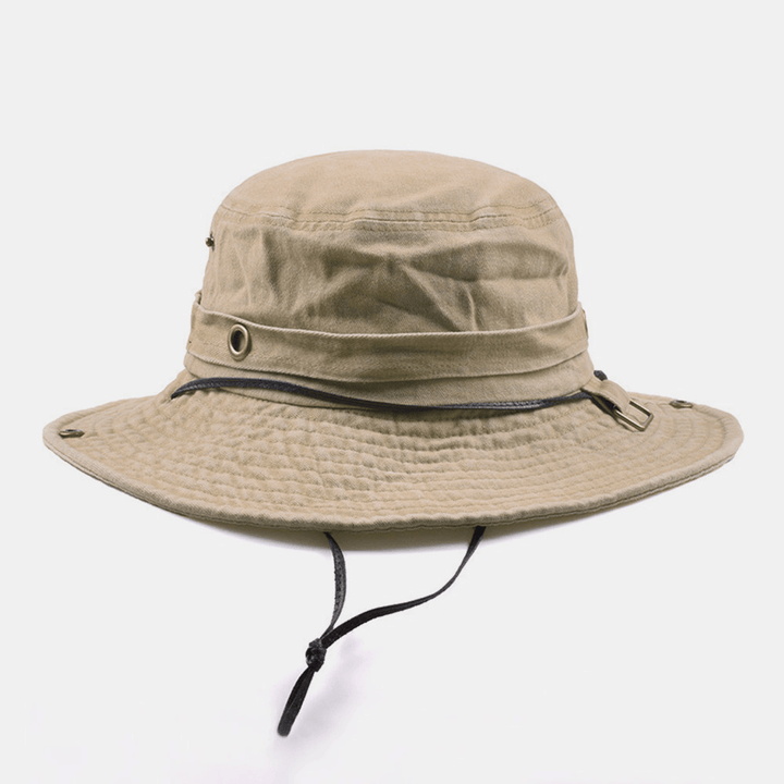 Men Cotton Wash Dual-Use Windproof Rope Outdoor Fishing Climbing Anti-Uv Sunshade Bucket Hat - MRSLM
