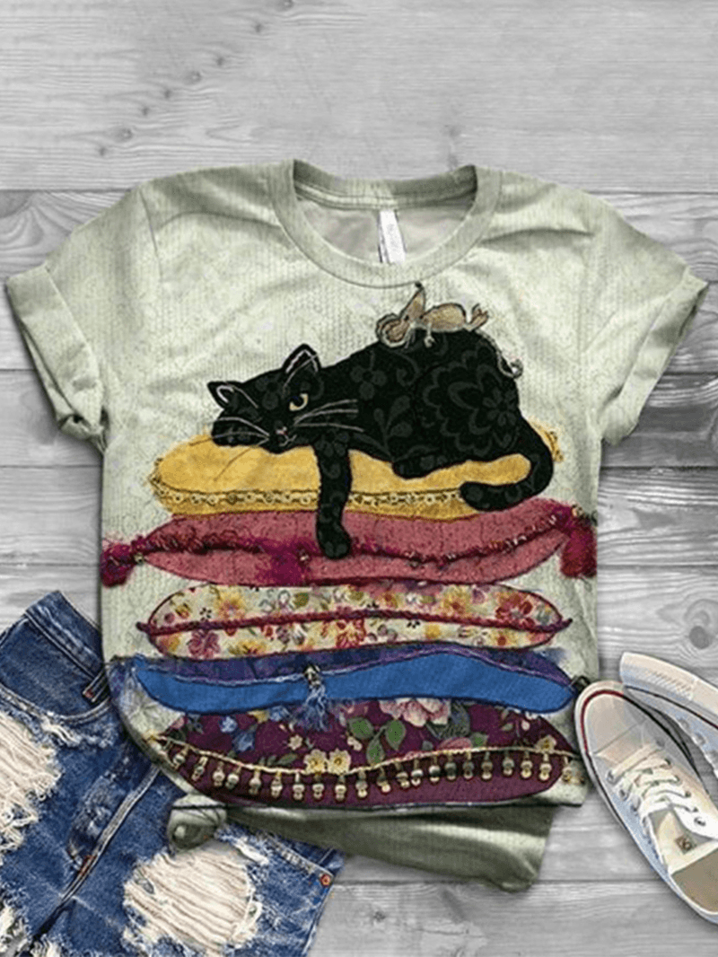 Women Cute Cartoon Cat Print round Neck Casual Short Sleeve T-Shirts - MRSLM