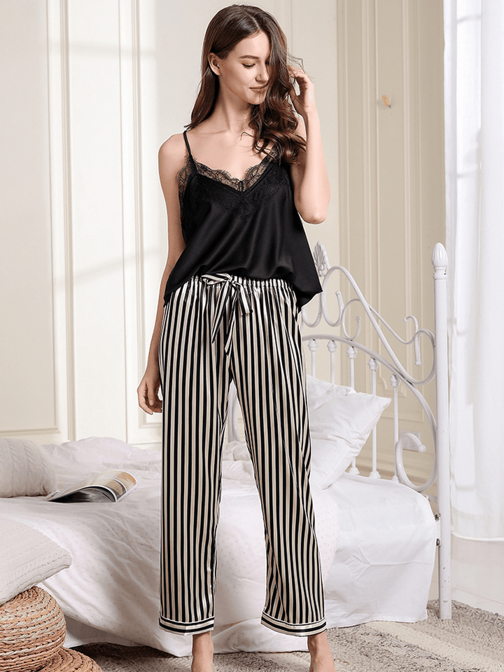 Deep Necklines Sling Lace-Trim Striped Print Lungewear - MRSLM