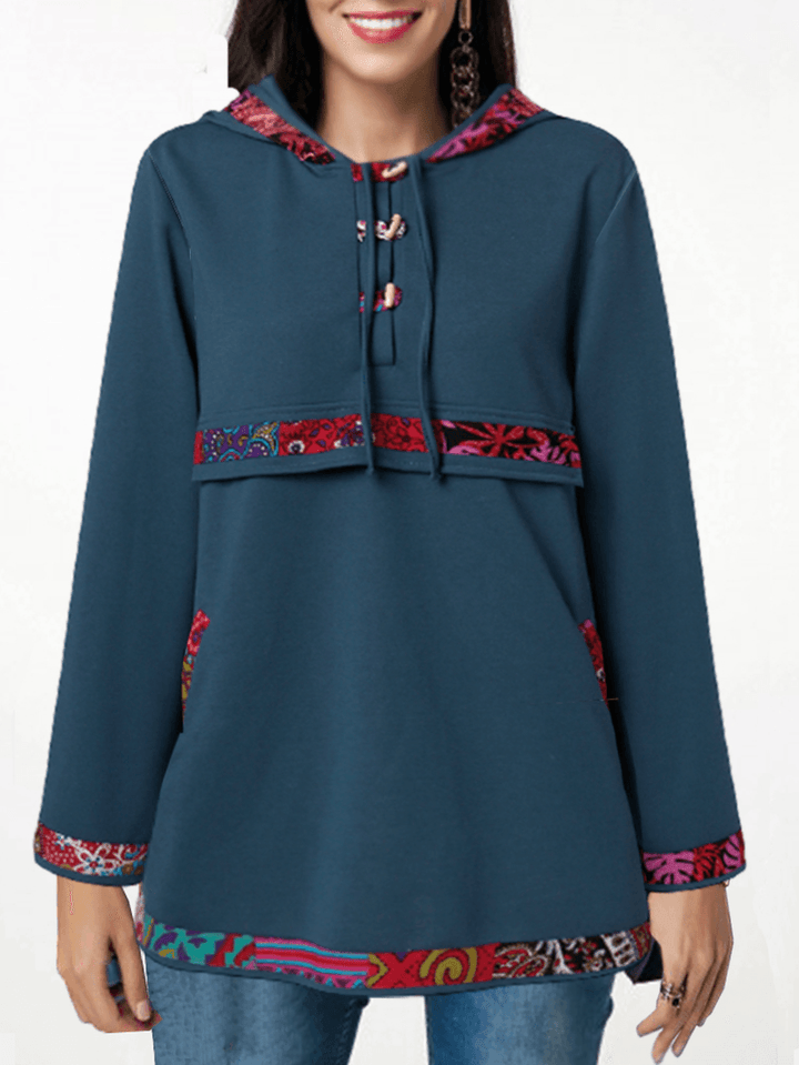 Women Ethnic Pattern Print Long Sleeve Drawstring Hoodies with Pocket - MRSLM