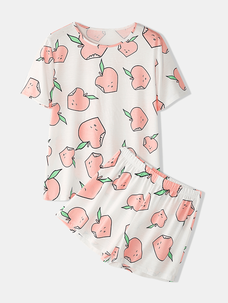 Women Cartoon Peach Print Short Sleeve Elastic Waist Home Casual Pajama Set - MRSLM