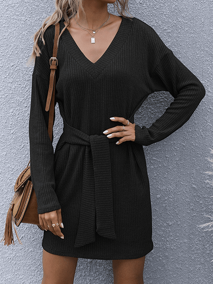 Women Solid Color V-Neck Long Sleeve Lace-Up Knitted Ribbed Dress - MRSLM