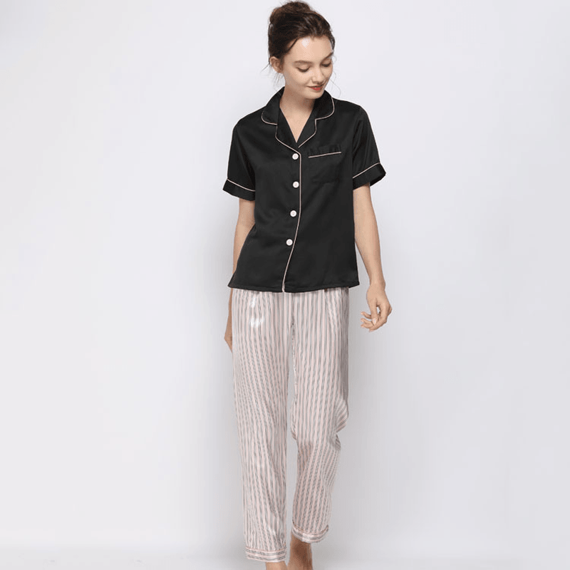 Women Black Revere Collar Short Sleeve Top Polka Dot Pants Faux Silk Home Pajama Set - MRSLM