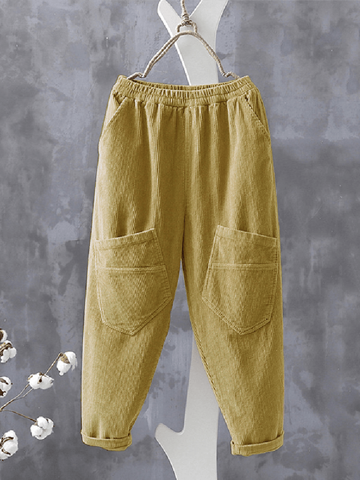 Women Corduroy Cargo Style Elastic Waist Pants with Multi Pocket - MRSLM
